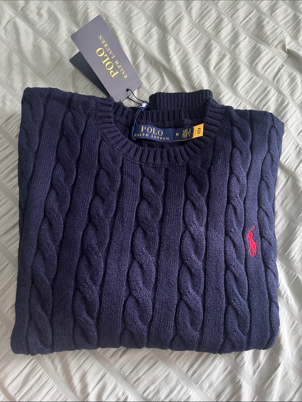 Polo by Ralph Lauren Navy Cable-Knit Crewneck with Red Pony Logo - Picture 1 of 4
